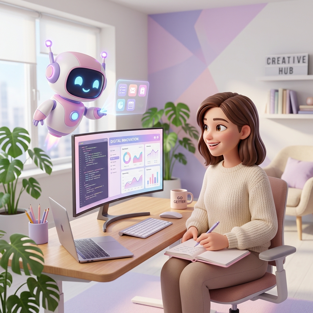 Assistente AI amichevole che aiuta una professionista al computer